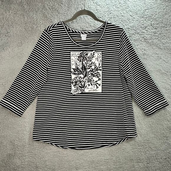 Chico's Tops - Chico's Size 2 Top Black White Striped Embroidered Floral Design Joie De Vivre